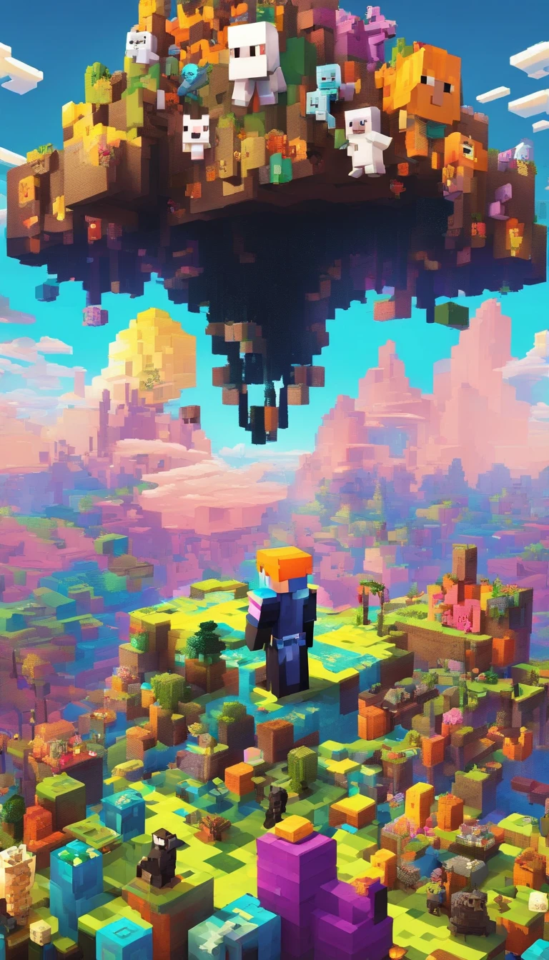 Make a world full of blocks,sol radiante e iluminando essa mundo todo,the black doll has a diamond sword on his back looking at the sky that has a detailed cloud,everything is so perfect and detailed and 4k great quality the image shows everything distant and small,make a block with lots of color,do everything far away