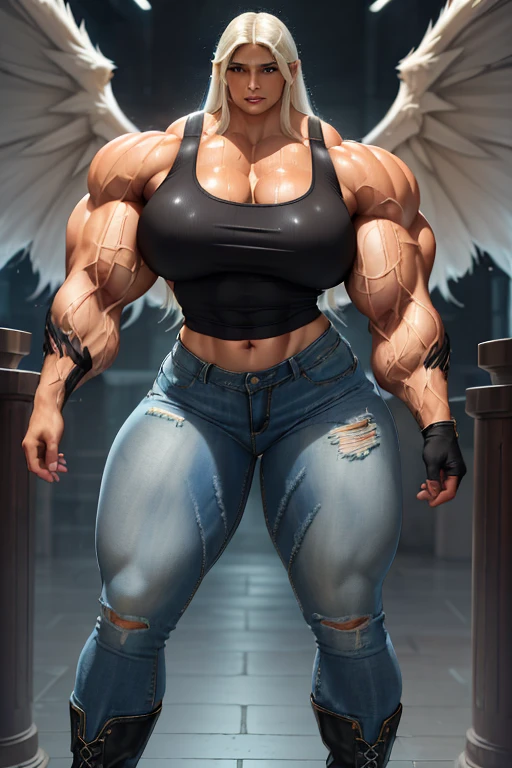 (((((Massive tall, beautiful, buff, wet, brown skinned muscular woman with white hair, ginormous bulky muscles, giant black wings and wearing a tight white tank top with tight denim pants))))), close view, massive muscle, massive biceps, hyper muscle shoulders, (massive muscle arms), ((giant black wings)), hyper muscle triceps, (long straight hair), blue eyes, choker, (long fingerless gloves), black boots, (in the Cloudy skies), confidant smile, night, hyper vascular arm, hyper muscles arms, hyper muscle legs, (massive arms).