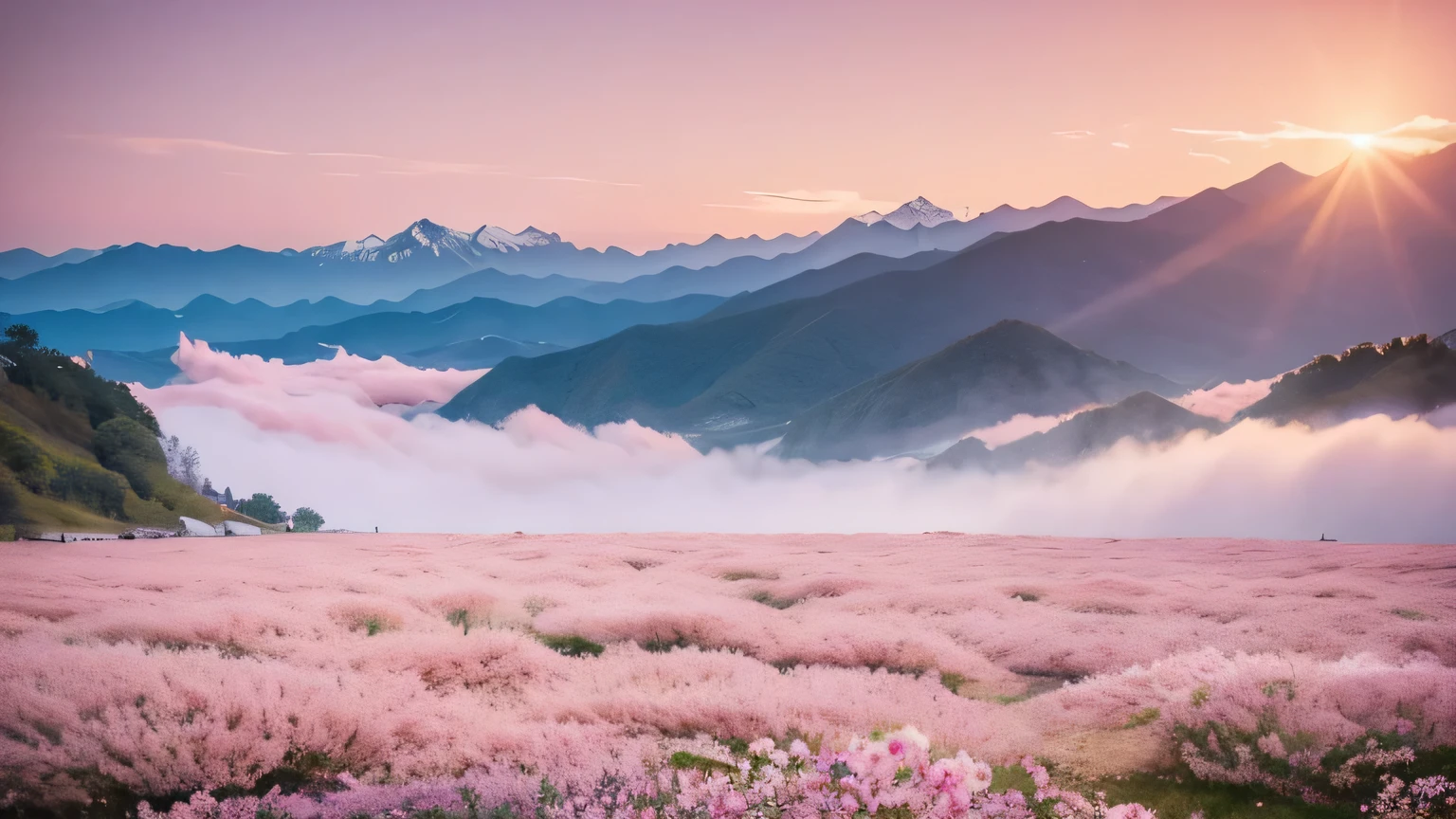Make an event background board,Peach Blossom Festival Theme,pink,Detailed description of the nearby peach blossoms,There are mountains in the distance,Fairy air,The feeling of paradise,Movie Lighting,Natural shadows,Crazy details,There is fog covering it,dreamy feeling
