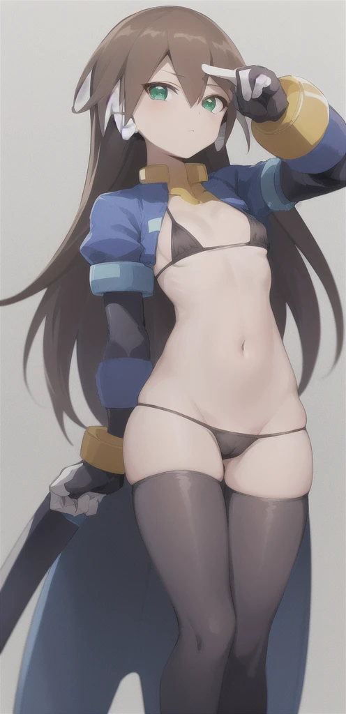 Aile_MegamanZX, 1girl, Looking at viewer, simple background, touching her vagina with her own hand, Brown hair, ,green eyes, micro bikini