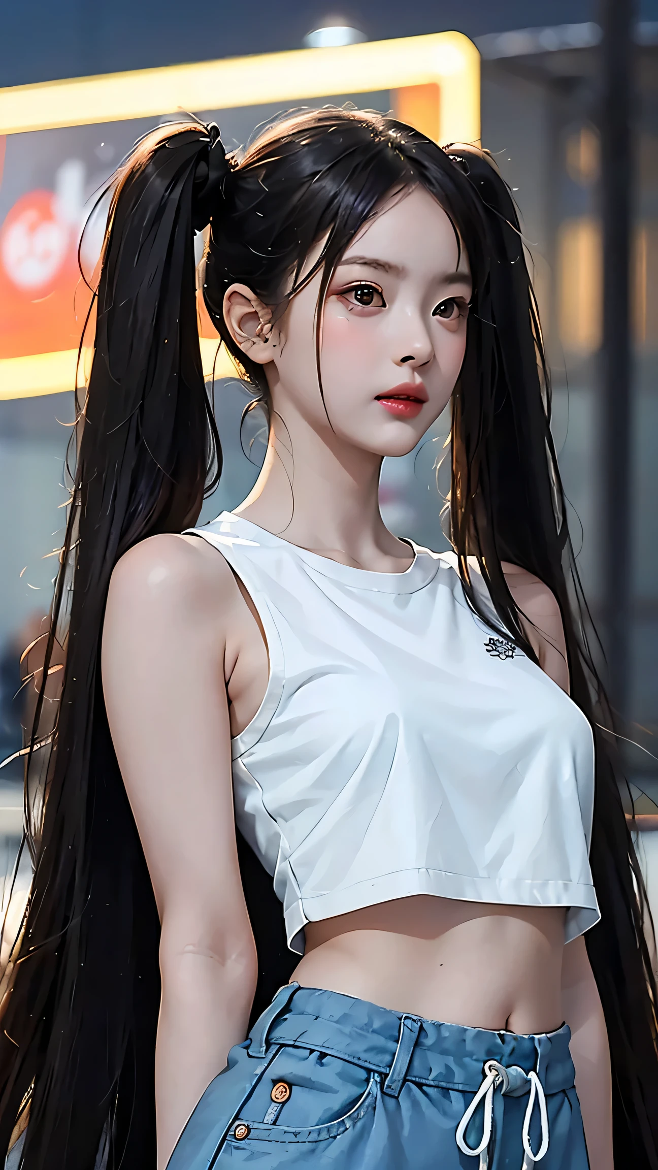 masterpiece, highest quality, One girl, alone, blush, Twin tails, Long Hair, ((See-through streetwear)), Outdoor, night, Movie Posters, Extremely detailed 8K, Smooth, High resolution, super high quality, Cinema Lighting, 16k, Detailed face, Perfect composition, , Atmospheric lighting, Very sexy,(Large Breasts),Small waist