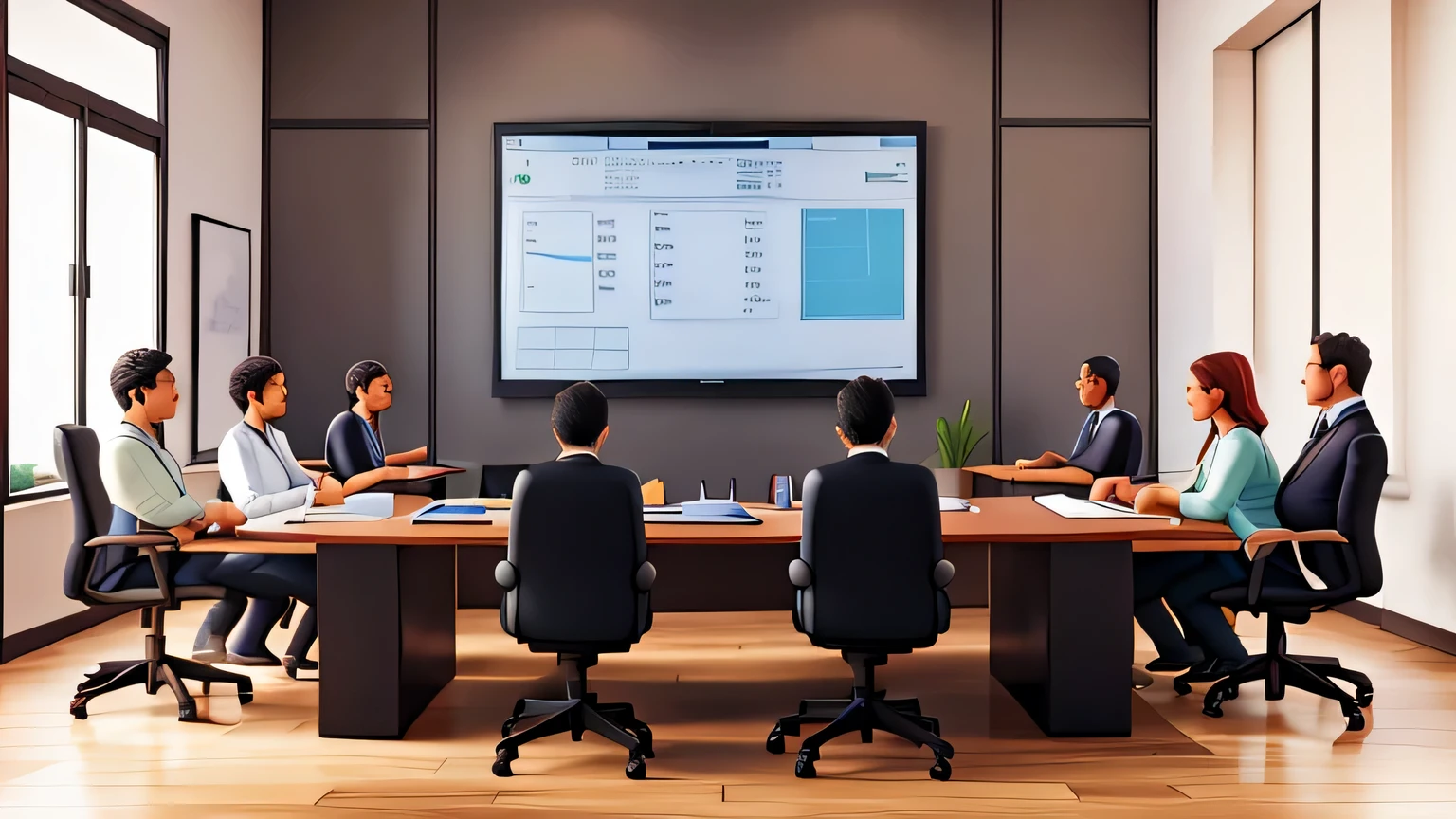 3D rendering, C4D, cartoon style,A team is gathered around a conference table, discussing issues, sharing ideas, and planning strategies. They are engaged in collaborative discussion or drawing plans and flowcharts on a whiteboard. Please illustrate this scene, highlighting teamwork, creative exchange, and collaboration.