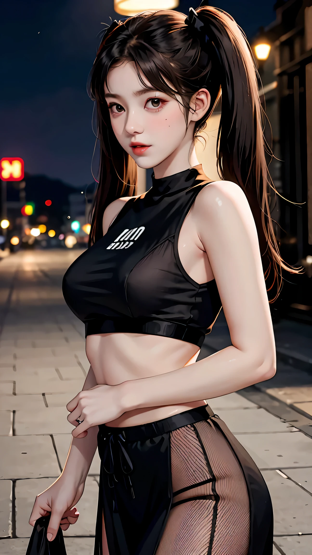 masterpiece, highest quality, One girl, alone, blush, Twin tails, Long Hair, ((See-through streetwear)), Outdoor, night, Movie Posters, Extremely detailed 8K, Smooth, High resolution, super high quality, Cinema Lighting, 16k, Detailed face, Perfect composition, , Atmospheric lighting, Very sexy,(Large Breasts)，Small waist