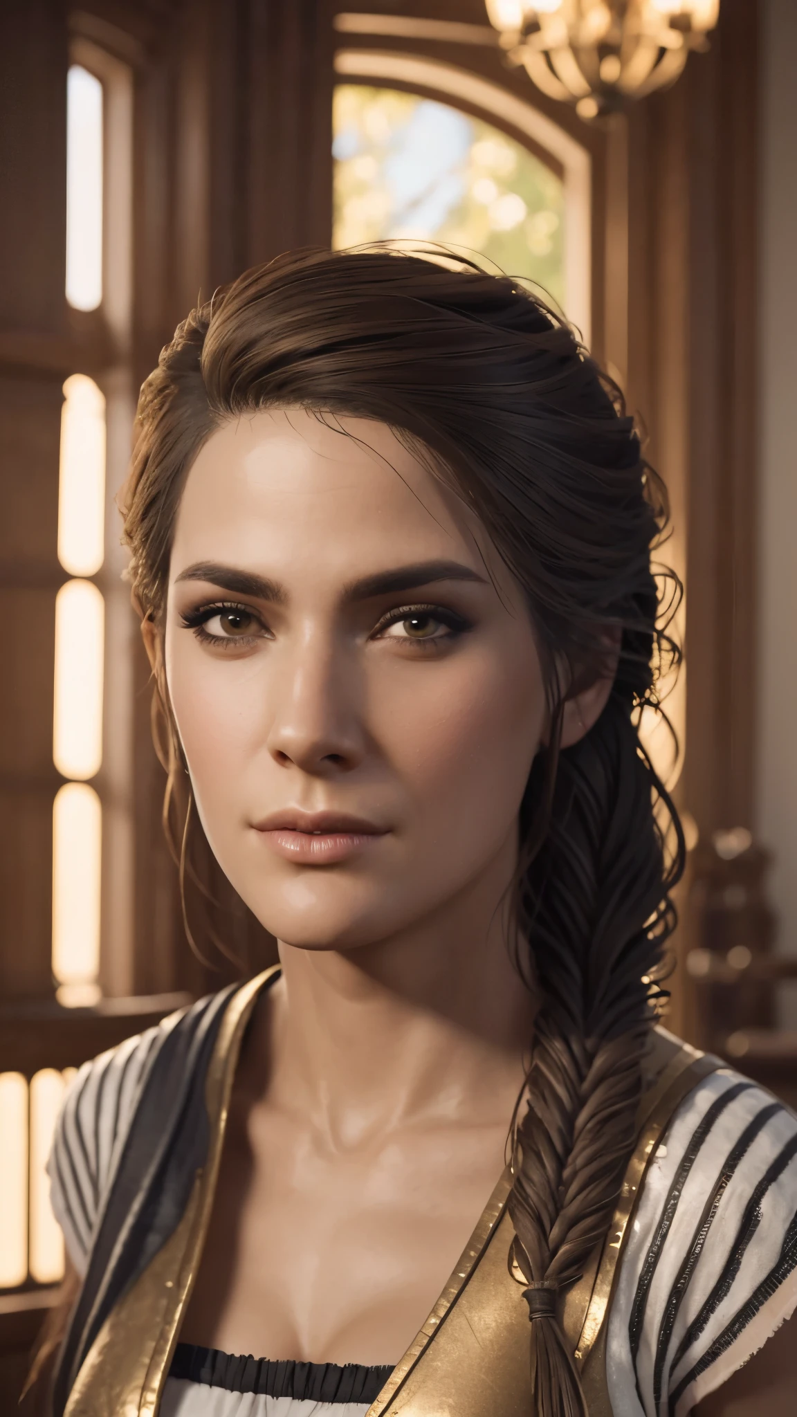 (best quality,4k,8k,highres,masterpiece:1.2),ultra-detailed,(realistic,photorealistic,photo-realistic:1.37),HDR,physically-based rendering,professional,vivid colors,Kassandra Assassin's Creed,beautiful detailed lips,beautiful detailed eyes,long eyelashes,extremely detailed face,super detailed lighting, business outfit,seductive pose,  reading glasses. 