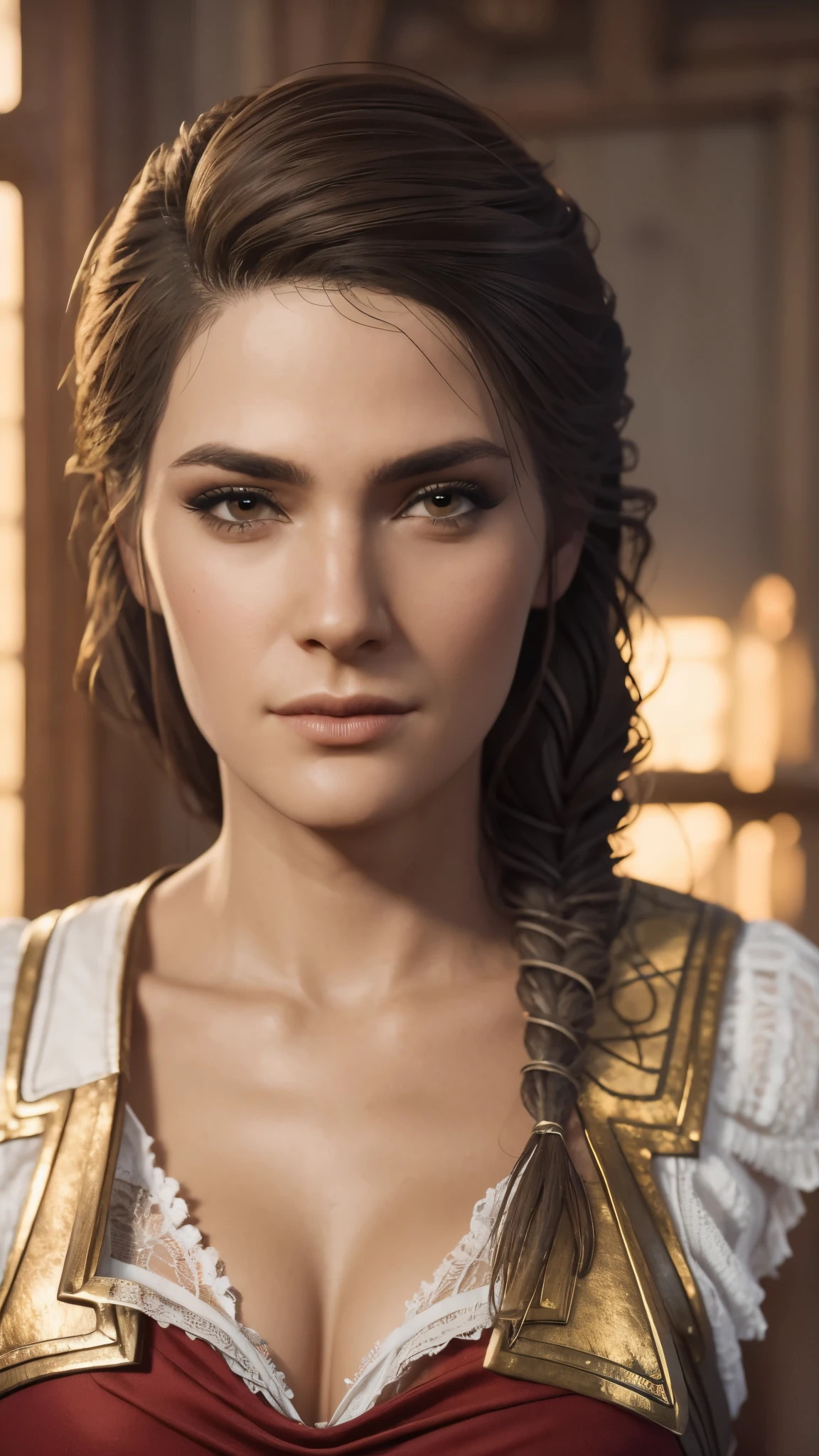 (best quality,4k,8k,highres,masterpiece:1.2),ultra-detailed,(realistic,photorealistic,photo-realistic:1.37),HDR,physically-based rendering,professional,vivid colors,Kassandra Assassin's Creed,beautiful detailed lips,beautiful detailed eyes,long eyelashes,extremely detailed face,super detailed lighting, business outfit,seductive pose,  reading glasses. 