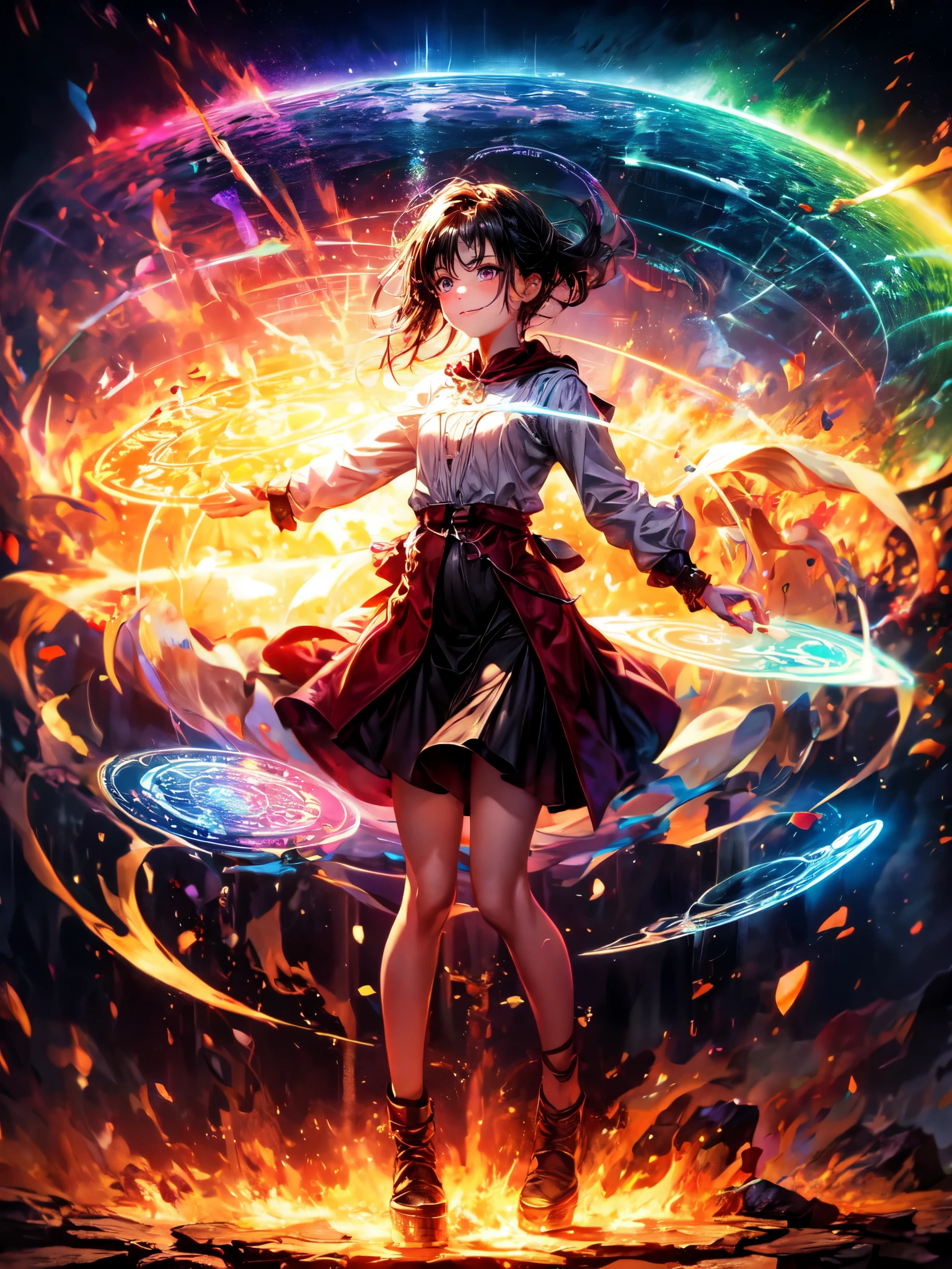 1 Girl,Rainbow magic circle,All magic circles, water, fire, electricity, soil, wood, Light, dark, time, space, All great magicians,16 years old,Determination,faint smile,