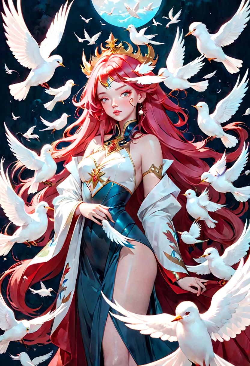 A queen with long pink hair and a bunch of white birds, loish and wlop, artgerm and james jean, red haired goddess, by loish, inspired by Ross Tran, james jean and wlop, cloud goddess, by Ross Tran, artwork in the style of guweiz, loish and ross tran, style of peter mohrbacher