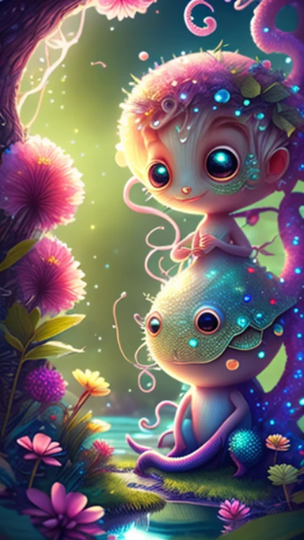 in a magical forest of lush green exotic plants and lush exotic colorful flowers, crystal clear water seeps, little creature with features of a mushroom and an octopus on top, beeple 和 jeremiah ketner, an alien mushroom with tentacles, very beautiful and cute, Delicate little eyes, and small mouth, so cute, fantasy, magic, myth, fairy tale, magical tale, detailed detailed background, Global Illumination, astronomical lighting, magical illumination, Backlight, , 3D stylized rendering, 3d rendering beeple, Highly detailed 4K digital artwork, Daily Beeple Artwork, Lindo&#39;s detailed digital artwork, Detailed 3D digital artwork, 8K high-quality detailed artwork, State-of-the-art Autodesk Maya VFX, Post-production