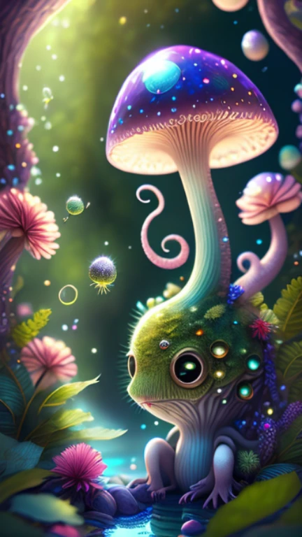 in a magical forest of lush green exotic plants and lush exotic colorful flowers, crystal clear water seeps, little creature with features of a mushroom and an octopus on top, beeple 和 jeremiah ketner, an alien mushroom with tentacles, very beautiful and cute, Delicate little eyes, and small mouth, so cute, fantasy, magic, myth, fairy tale, magical tale, detailed detailed background, Global Illumination, astronomical lighting, magical illumination, Backlight, , 3D stylized rendering, 3d rendering beeple, Highly detailed 4K digital artwork, Daily Beeple Artwork, Lindo&#39;s detailed digital artwork, Detailed 3D digital artwork, 8K high-quality detailed artwork, State-of-the-art Autodesk Maya VFX, Post-production