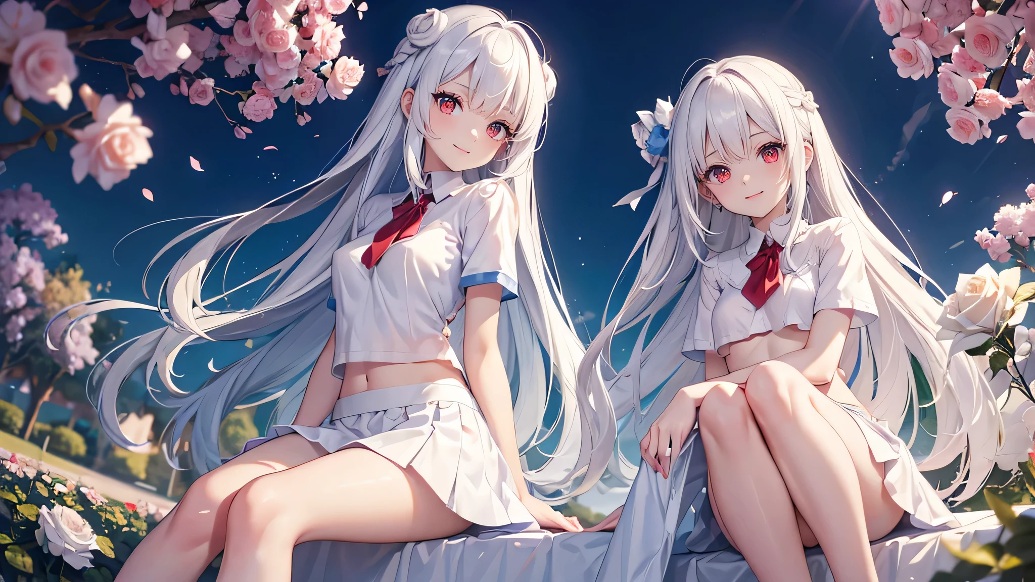 Very cute girl、(11 years old)、white hair、Long Straight Hair、Bangs are too close to the eye、Light red eyes、(Normal human ear)、Thin arms、Beautiful body、Slim legs、Shapely breasts、Transparent white skin、smile、(T-Shirtini skirt、White and blue)、I know the shape of the nipples、(rose garden)、Ultra HD、Digital SLR,Sit on、