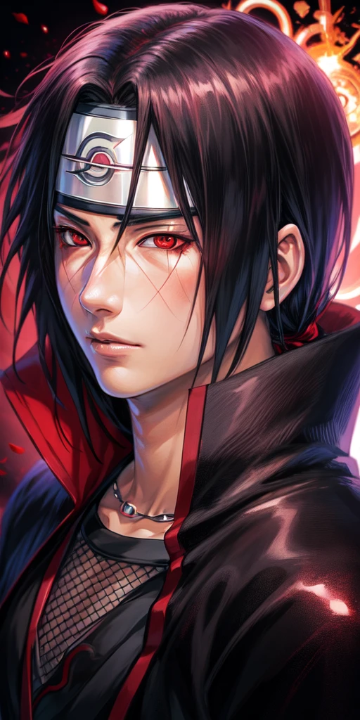 realistic, 1man,itachi uchiha,sharingan eyes,black and maroon armor,