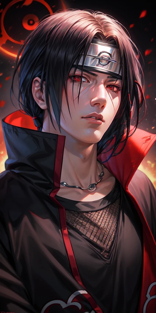 realistic, 1man,itachi uchiha,sharingan eyes,black and maroon armor,