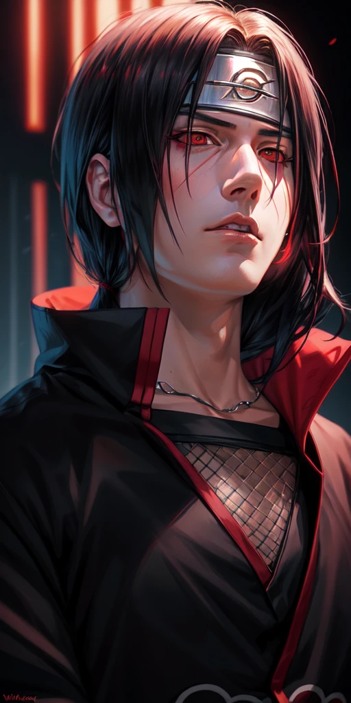 realistic, 1man,itachi uchiha,sharingan eyes,black and maroon armor,
