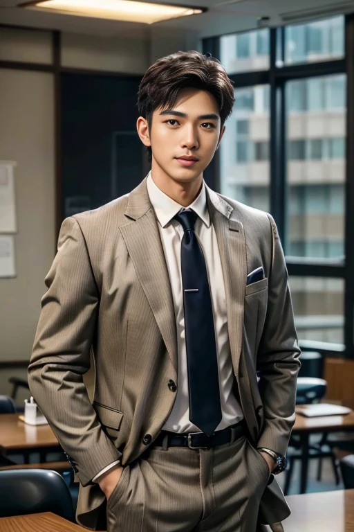 36-year-old fresh and handsome new employee、　（Super handsome guy in S-class suit）、　Japanese 36-year-old man、　merchant、　ultra luxury suit、　striped suit、　office、　Stand up in a suitＳYoung handsome man、　Full body image、　（CG Unity 8K high-detail photos）、　（Very detailedＳHandsome guy in class）、　（Photo real）、　　（（Top quality））、　Ultra Detailed、　（masterpiece）、　Ultra-high quality、　High、　Viewer、　gentleman、　very beautiful hair、　bright photos、　As handsome as a model、　As handsome as an idol、　luxury watch,
