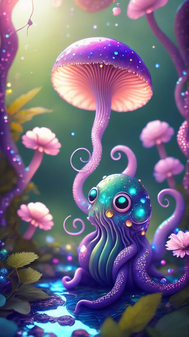in a magical forest of lush green exotic plants and lush exotic colorful flowers, crystal clear water seeps, little creature with features of a mushroom and an octopus on top, beeple 和 jeremiah ketner, an alien mushroom with tentacles, very beautiful and cute, Delicate little eyes, and small mouth, so cute, fantasy, magic, myth, fairy tale, magical tale, detailed detailed background, Global Illumination, astronomical lighting, magical illumination, Backlight, , 3D stylized rendering, 3d rendering beeple, Highly detailed 4K digital artwork, Daily Beeple Artwork, Lindo's detailed digital artwork, Detailed 3D digital artwork, 8K high-quality detailed artwork, State-of-the-art Autodesk Maya VFX, Post-production
