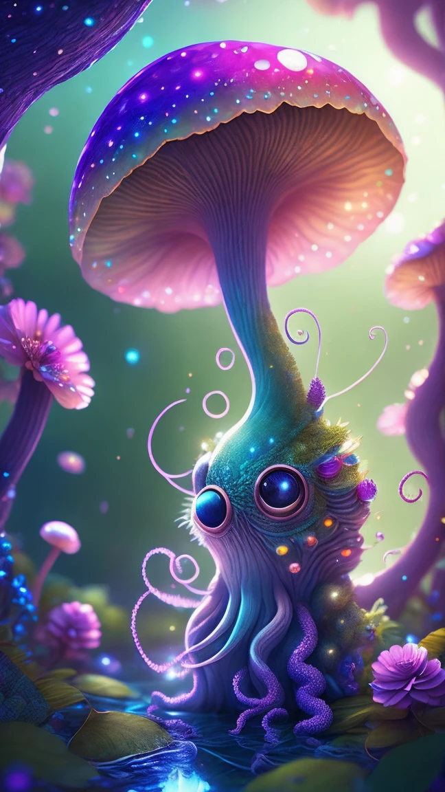 in a magical forest of lush green exotic plants and lush exotic colorful flowers, crystal clear water seeps, little creature with features of a mushroom and an octopus on top, beeple 和 jeremiah ketner, an alien mushroom with tentacles, very beautiful and cute, Delicate little eyes, and small mouth, so cute, fantasy, magic, myth, fairy tale, magical tale, detailed detailed background, Global Illumination, astronomical lighting, magical illumination, Backlight, , 3D stylized rendering, 3d rendering beeple, Highly detailed 4K digital artwork, Daily Beeple Artwork, Lindo's detailed digital artwork, Detailed 3D digital artwork, 8K high-quality detailed artwork, State-of-the-art Autodesk Maya VFX, Post-production