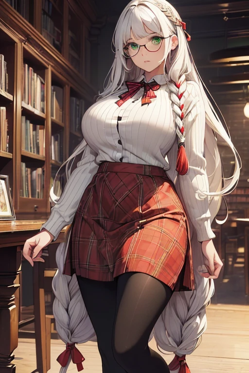 ((masterpiece)), (best quality:1.7), (detailed:1.4), (high res:1.4), 8k, (colorful:1.5), high resolution, sharped image, 4k, hd, (beautiful detailed background:1.2), (beautiful lighting:1.2), (highly detailed:1.2), perfect lighting, (8k wallpaper:1.2), (highly detailed:1.2), (extremely detailed CG:1.2), (((only white gray very long straight hair with two braid front bangs with red ribbon ties))), (only white hair), ((large full chest)), (((very busty))), curvy figure, (((light green eyes))), (beige loose ribbed sweater)), ((red plaid pattern skirt with black full length leggings)), ((big circle glasses)), library, mature, older, human adult, tall, fullbody