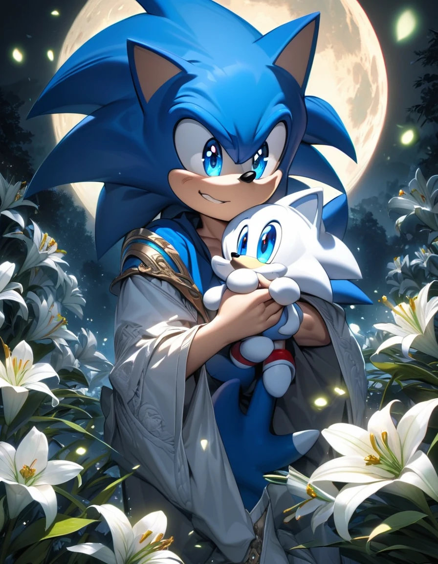 absurdres, highres, ultra detailed, HDR, master piece, best quality, Sonic, expressive blue eyes, holding a cute white Chao, solo, handsome, petals, white lilies, moon, fireflies