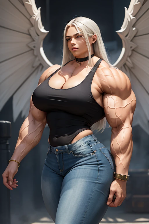 (((((Massive tall, beautiful, buff, brown skinned muscular woman with white hair, ginormous bulky muscles, giant black wings, flying in the sky and wearing a tight white tank top with tight denim pants))))), close view, massive muscle, massive biceps, hyper muscle shoulders, (massive muscle arms), ((giant black wings)), hyper muscle triceps, (long straight hair), blue eyes, choker, (long fingerless gloves), black boots, (flying gracefully in the Cloudy skies), confidant smile, night, hyper vascular arm, hyper muscles arms, hyper muscle legs, (massive arms).