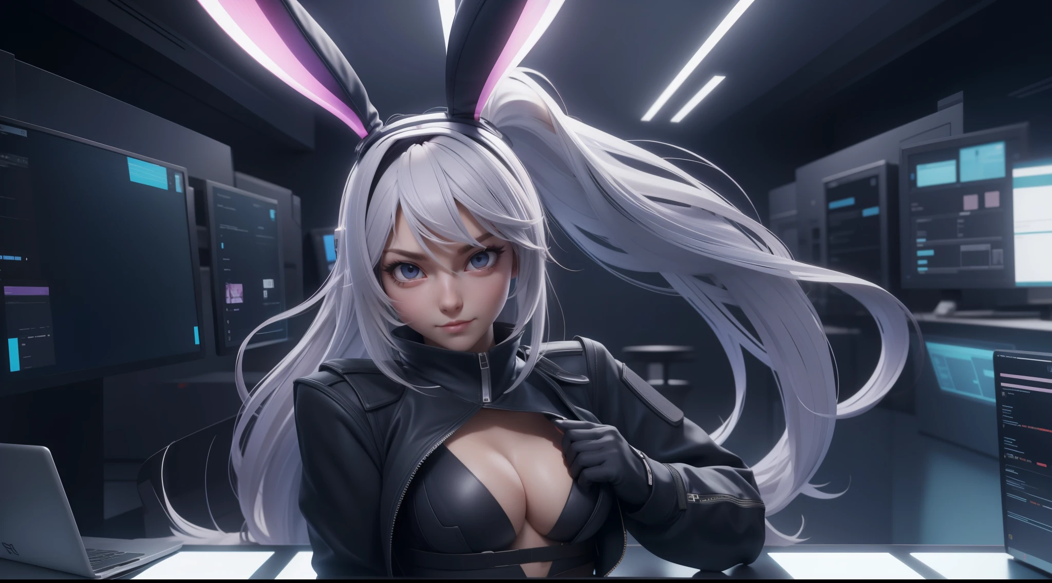 cute bunny hacker, intense hack, seductive, thong, topless, exposed chest, perfect medium breasts