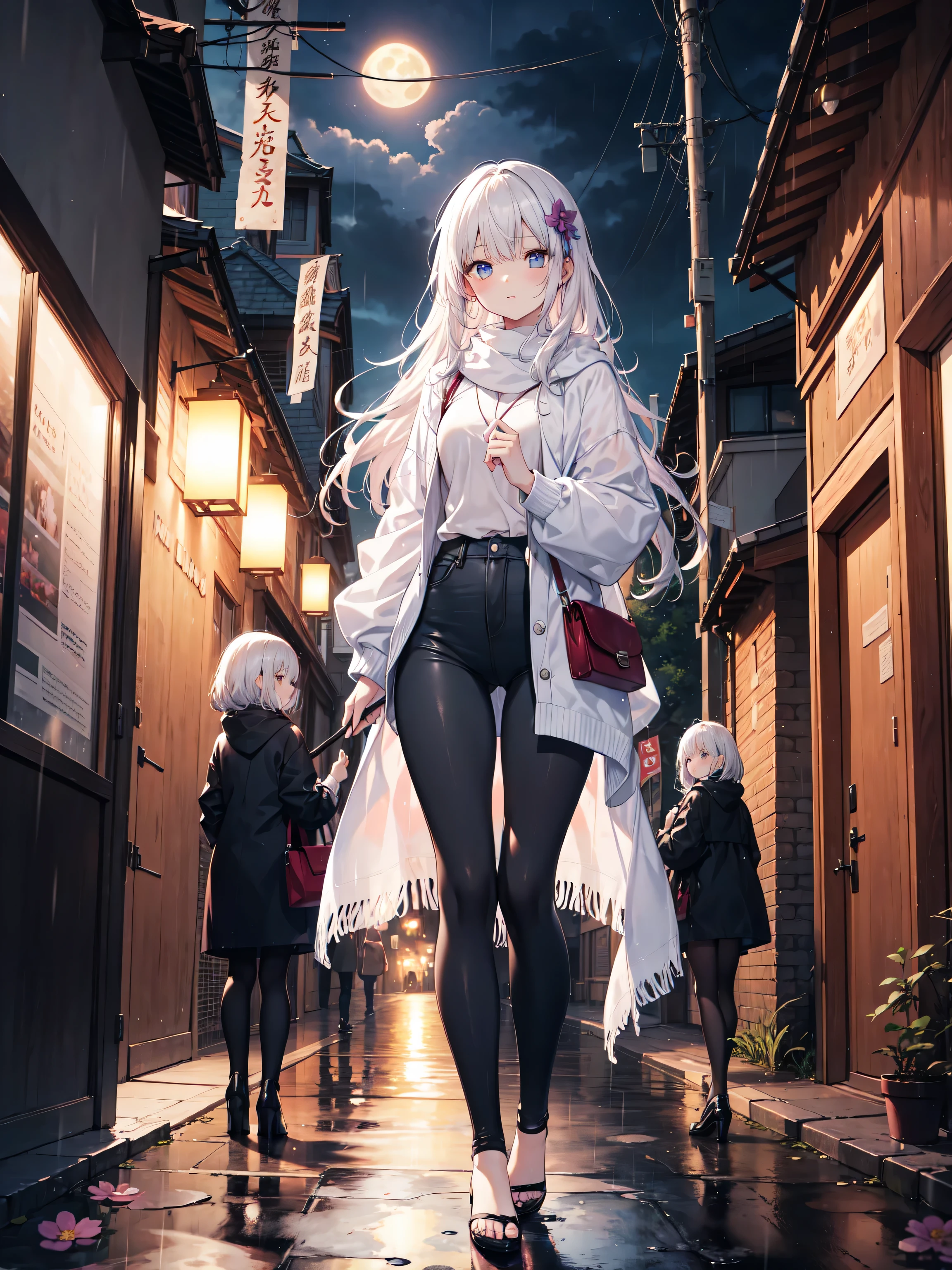 On the playground where it rains, Girl hits the umbrella above her head, Holding an umbrella in the other hand, Blue denim leggings, Masterpiece Superb Night Moon Full Moon 1 Female Mature Woman, Sister Hua and Sister Yu have a cold expression, a woman with long silver-white hair, light pink lips, calm and intellectual, strolling on the street with lanterns and flowers balls in the background., Long hair shawl,