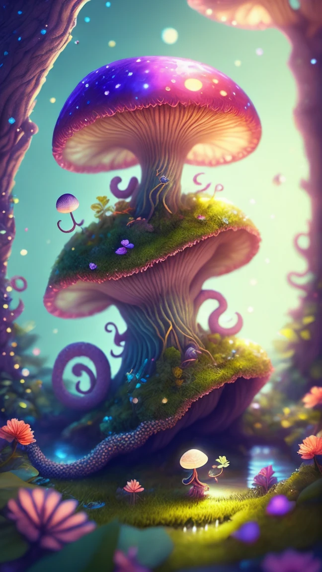 in a magical forest of lush green exotic plants and lush exotic colorful flowers, crystal clear water seeps, little creature with features of a mushroom and an octopus on top, beeple 和 jeremiah ketner, an alien mushroom with tentacles, very beautiful and cute, Delicate little eyes, and small mouth, so cute, fantasy, magic, myth, fairy tale, magical tale, detailed detailed background, Global Illumination, astronomical lighting, magical illumination, Backlight, , 3D stylized rendering, 3d rendering beeple, Highly detailed 4K digital artwork, Daily Beeple Artwork, Lindo's detailed digital artwork, Detailed 3D digital artwork, 8K high-quality detailed artwork, State-of-the-art Autodesk Maya VFX, Post-production