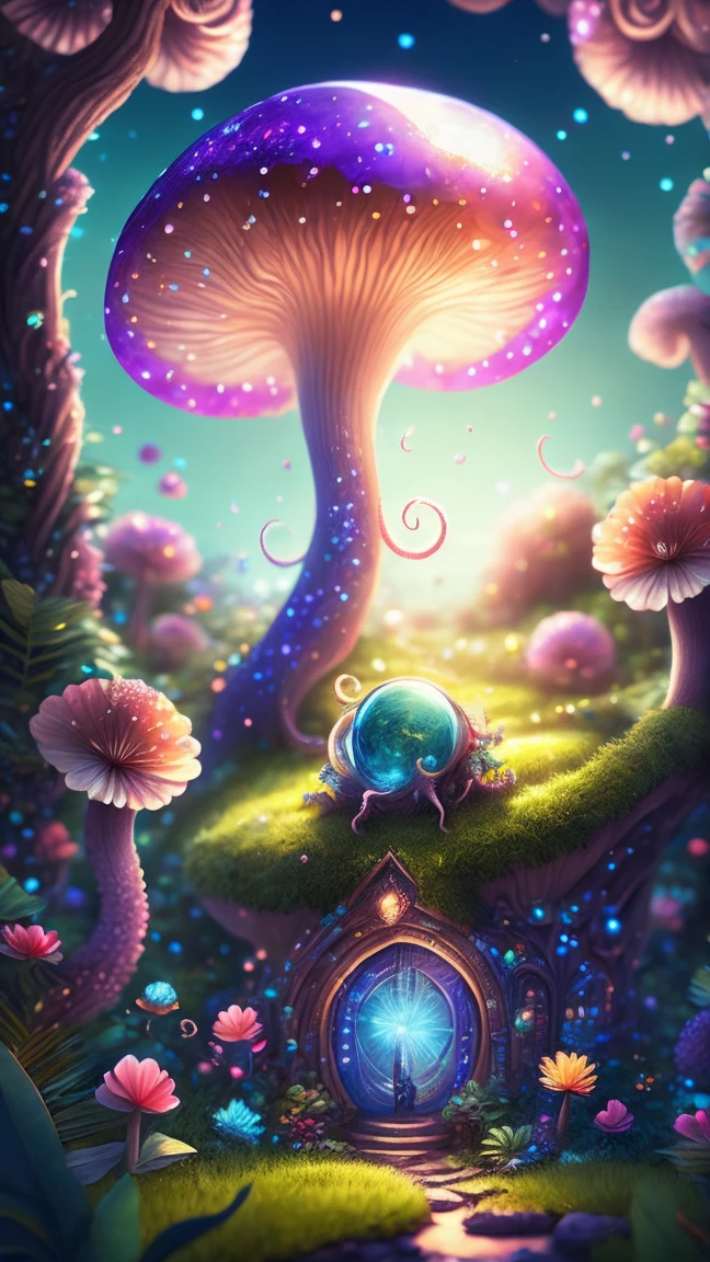 in a magical forest of lush green exotic plants and lush exotic colorful flowers, crystal clear water seeps, little creature with features of a mushroom and an octopus on top, beeple 和 jeremiah ketner, an alien mushroom with tentacles, very beautiful and cute, Delicate little eyes, and small mouth, so cute, fantasy, magic, myth, fairy tale, magical tale, detailed detailed background, Global Illumination, astronomical lighting, magical illumination, Backlight, , 3D stylized rendering, 3d rendering beeple, Highly detailed 4K digital artwork, Daily Beeple Artwork, Lindo&#39;s detailed digital artwork, Detailed 3D digital artwork, 8K high-quality detailed artwork, State-of-the-art Autodesk Maya VFX, Post-production