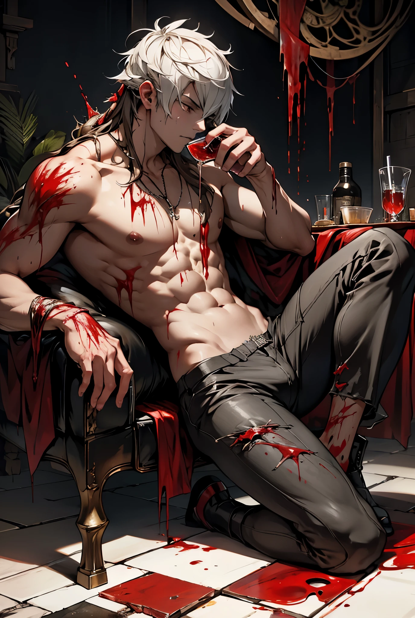daemon, infected with mushrooms, cutting your skin, drinks alcohol, flowing down his body and mixing with the blood on the floor.