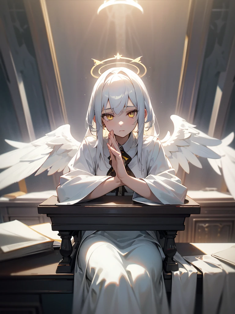 1girl, white hair, yellow eyes, archangel, white dress, halo, divine light, holy aura, secretary, desk, sat behind desk, calm expression, hands clasped, sacrosanct, godly presence, masterpiece, ultra detailed, beautiful face, detailed eyes, dramatic lighting,