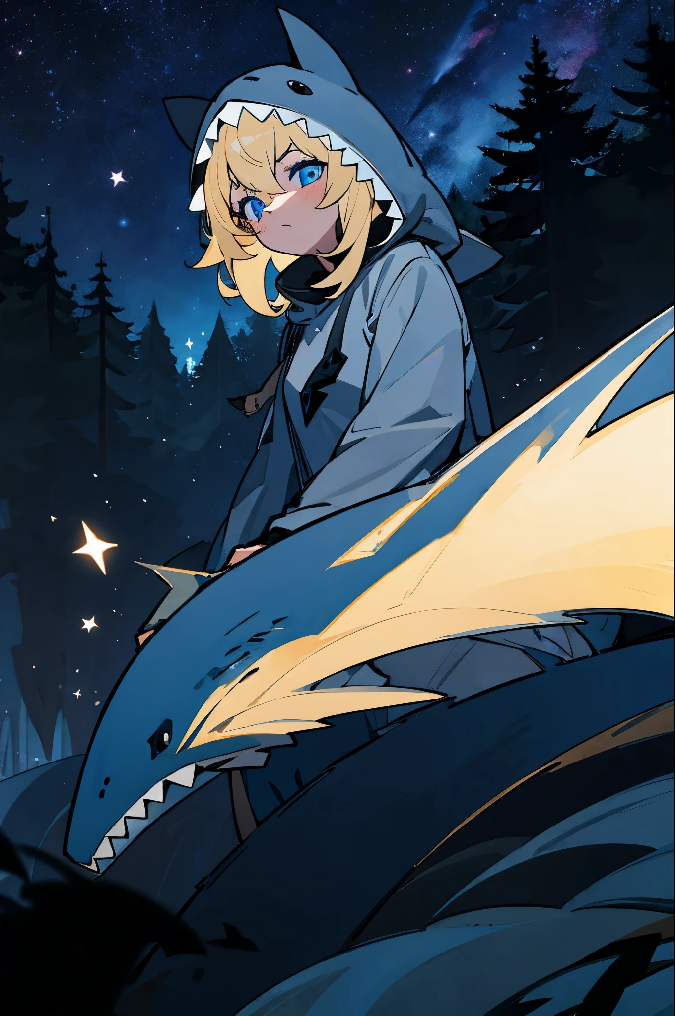 1girl,solo, blonde hair, girl, blue eyes,4k,8k,absurdres, masterpiece,grey hoodie,animal_hood
costume
ANHD, , nighttime, stars,glowing ,night, dark forest,shark hood, 