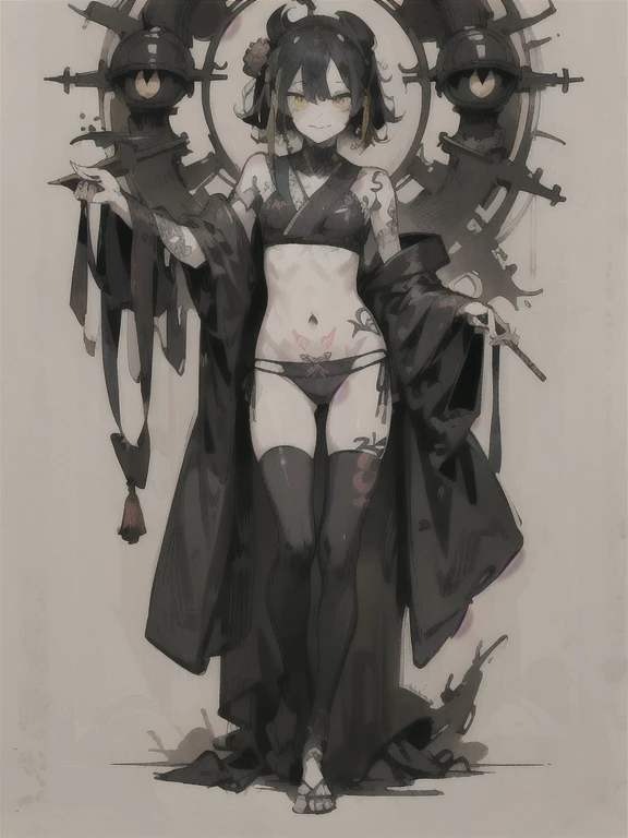 (((Woman with full body tribal tattoos)), ((I'Blissful m)),((National costume))((colorful panties)), (masterpiece), (High resolution), (very delicate), (clear), (snap shot), {Manga styleイラスト, scribble, Cute face, Manga style, rough sketch, Horror elements,Japanese painting, Old style、crazy illustration, antique, Flat Illustration}, creepy appearance, Distinctive large hairstyle, Unique atmosphere、