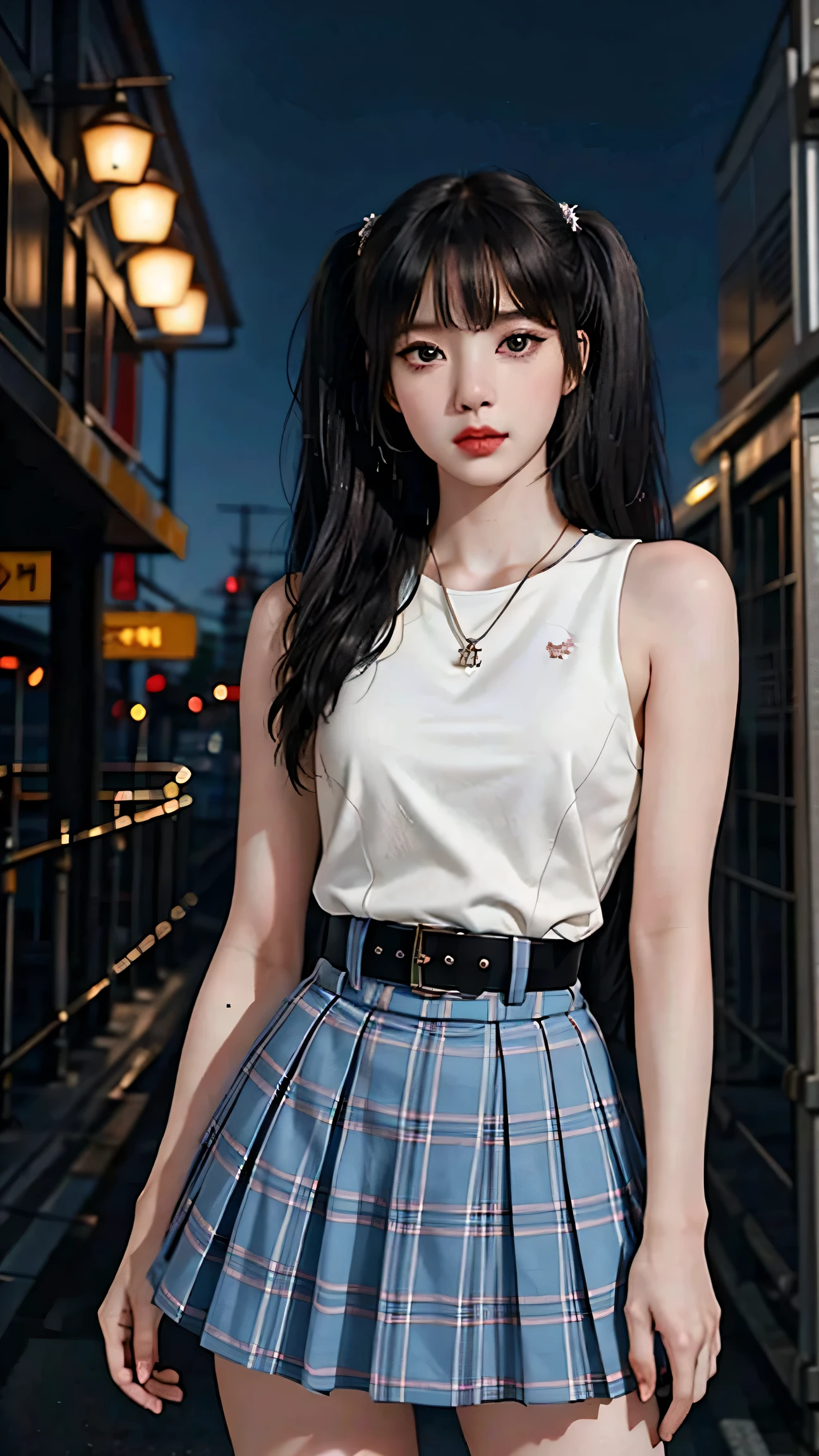 masterpiece, highest quality, Fu Tao V4, One girl, alone, blush, Twin tails, Long Hair, Hair between the eyes, ((Streetwear)), city, Outdoor, night, movie poster, Highly detailed 8K, Smooth, High resolution, super high quality, Cinema Lighting, Ambient Occlusion, hd, 2k, 4K, 8k, 16k, very detailed anime, Detailed face, Perfect composition, Wide Shot, atmospheric lighting, Very sexy, raise the skirt, random waist angle, No correction, Browsing Caution, No correction