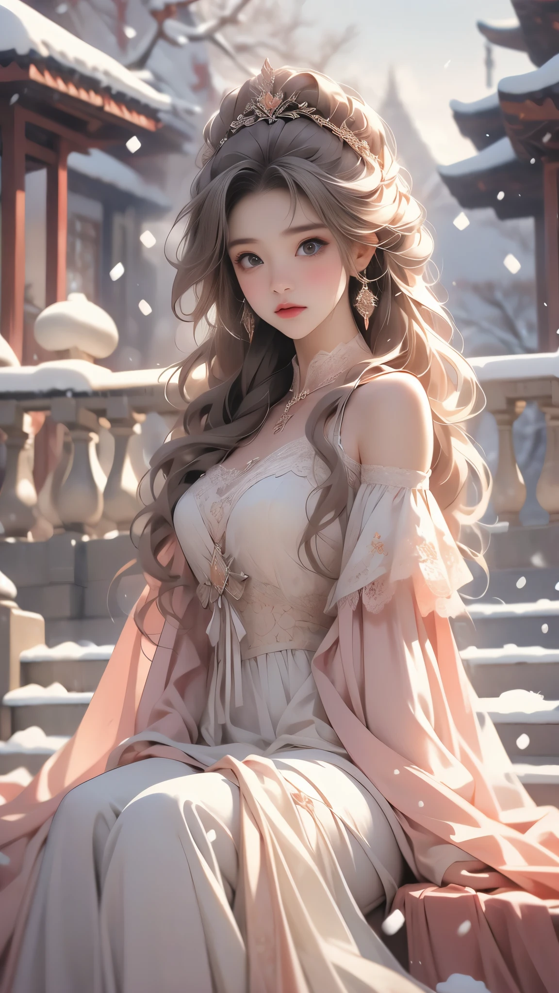 （8K，RAW photos， best qualtiy， tmasterpiece：1.2），（realisticlying， photograph realistic：1.4)，Hide your face with sadness，
ta costume，Lace， Aerith Gainsborough， The upper part of the body，upper legs，Lace， undergarments，exposed bare shoulders， do lado de fora， (outside，Covered with snow，cloaks，) high high quality， Adobe Lightroom， highdetailskin， looking at viewert，