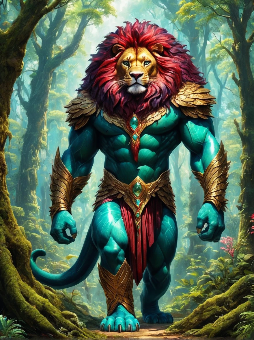 A vibrant, dense forest with towering, century-old trees and sky piercing the verdant canopy overhead. Sprawled in this fascinating terrestrial milieu is a mythical creature. This creature bears no resemblance to known species, manifesting both terrestrial and aquatic features. It has the body of a lion, feathers of diverse colors blooming along its spine, and a long serpentine tail. Intricate scales, glimmering in various hues of turquoise, garnet, and topaz cover the aquatic part of its body. Its eyes shimmer with mystery and ancient knowledge, drawing all forest dwellers towards it.