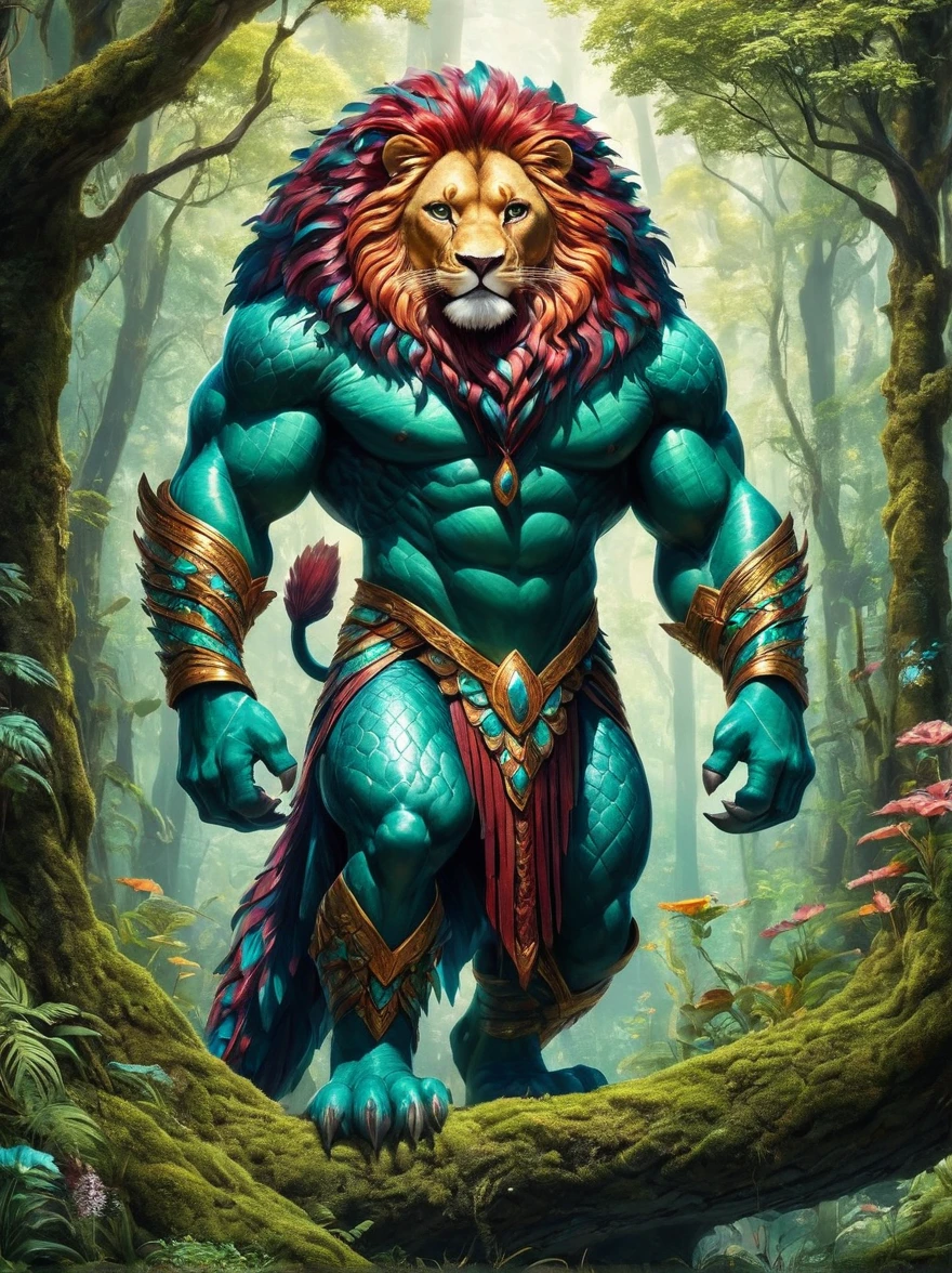 A vibrant, dense forest with towering, century-old trees and sky piercing the verdant canopy overhead. Sprawled in this fascinating terrestrial milieu is a mythical creature. This creature bears no resemblance to known species, manifesting both terrestrial and aquatic features. It has the body of a lion, feathers of diverse colors blooming along its spine, and a long serpentine tail. Intricate scales, glimmering in various hues of turquoise, garnet, and topaz cover the aquatic part of its body. Its eyes shimmer with mystery and ancient knowledge, drawing all forest dwellers towards it.