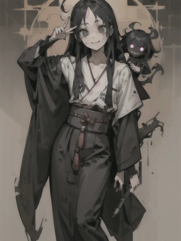 ((Japanese girl))、scribble, nightmare, doll-like face, Manga style, rough sketch, Horror elements, (masterpiece), (High resolution), (very delicate), (clear), Manga styleイラスト, (drawing style), Japanese painting, The whole body is scary, (Spooky), Japan sculpture,crazy illustration, Flat Illustration, Spookyな外観, Characteristic hairstyle, Unique atmosphere、
