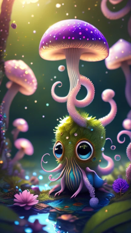 in a magical forest of lush green exotic plants and lush exotic colorful flowers, crystal clear water seeps, little creature with features of a mushroom and an octopus on top, beeple 和 jeremiah ketner, an alien mushroom with tentacles, very beautiful and cute, Delicate little eyes, and small mouth, so cute, fantasy, magic, myth, fairy tale, magical tale, detailed detailed background, Global Illumination, astronomical lighting, magical illumination, Backlight, , 3D stylized rendering, 3d rendering beeple, Highly detailed 4K digital artwork, Daily Beeple Artwork, Lindo's detailed digital artwork, Detailed 3D digital artwork, 8K high-quality detailed artwork, State-of-the-art Autodesk Maya VFX, Post-production