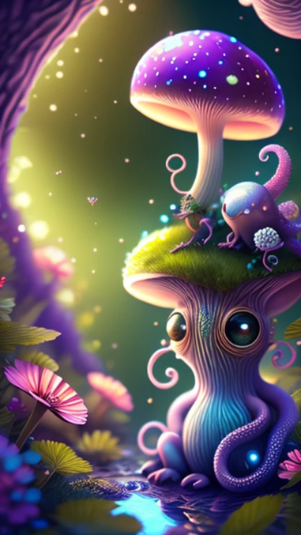 in a magical forest of lush green exotic plants and lush exotic colorful flowers, crystal clear water seeps, little creature with features of a mushroom and an octopus on top, beeple 和 jeremiah ketner, an alien mushroom with tentacles, very beautiful and cute, Delicate little eyes, and small mouth, so cute, fantasy, magic, myth, fairy tale, magical tale, detailed detailed background, Global Illumination, astronomical lighting, magical illumination, Backlight, , 3D stylized rendering, 3d rendering beeple, Highly detailed 4K digital artwork, Daily Beeple Artwork, Lindo&#39;s detailed digital artwork, Detailed 3D digital artwork, 8K high-quality detailed artwork, State-of-the-art Autodesk Maya VFX, Post-production