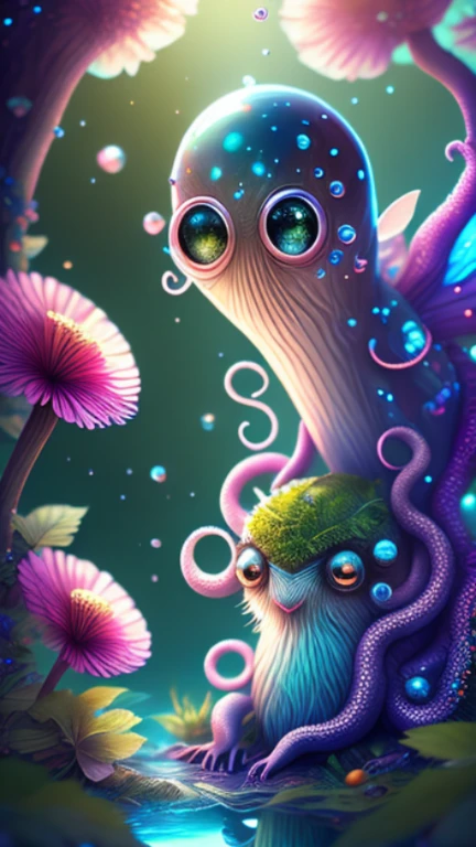 in a magical forest of lush green exotic plants and lush exotic colorful flowers, crystal clear water seeps, little creature with features of a mushroom and an octopus on top, beeple 和 jeremiah ketner, an alien mushroom with tentacles, very beautiful and cute, Delicate little eyes, and small mouth, so cute, fantasy, magic, myth, fairy tale, magical tale, detailed detailed background, Global Illumination, astronomical lighting, magical illumination, Backlight, , 3D stylized rendering, 3d rendering beeple, Highly detailed 4K digital artwork, Daily Beeple Artwork, Lindo&#39;s detailed digital artwork, Detailed 3D digital artwork, 8K high-quality detailed artwork, State-of-the-art Autodesk Maya VFX, Post-production