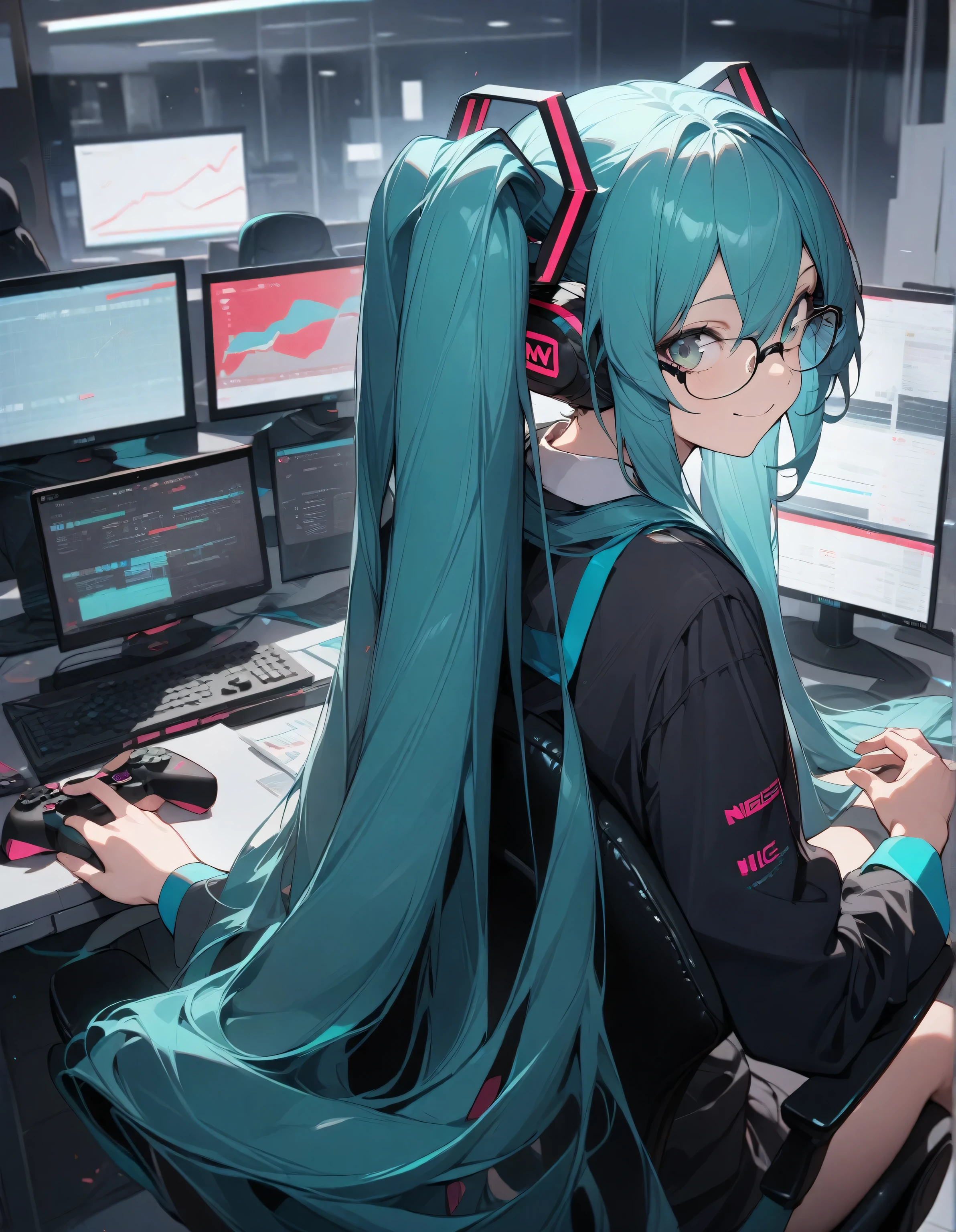 ((best quality)), ((masterpiece)), (detailed), perfect face,((perfect anatomy)),((nice hands)),(Hatsune Miku),glasses,modern office,stock chart on screen,sitting, gaming chair,looking back, looking at viewer, smiling