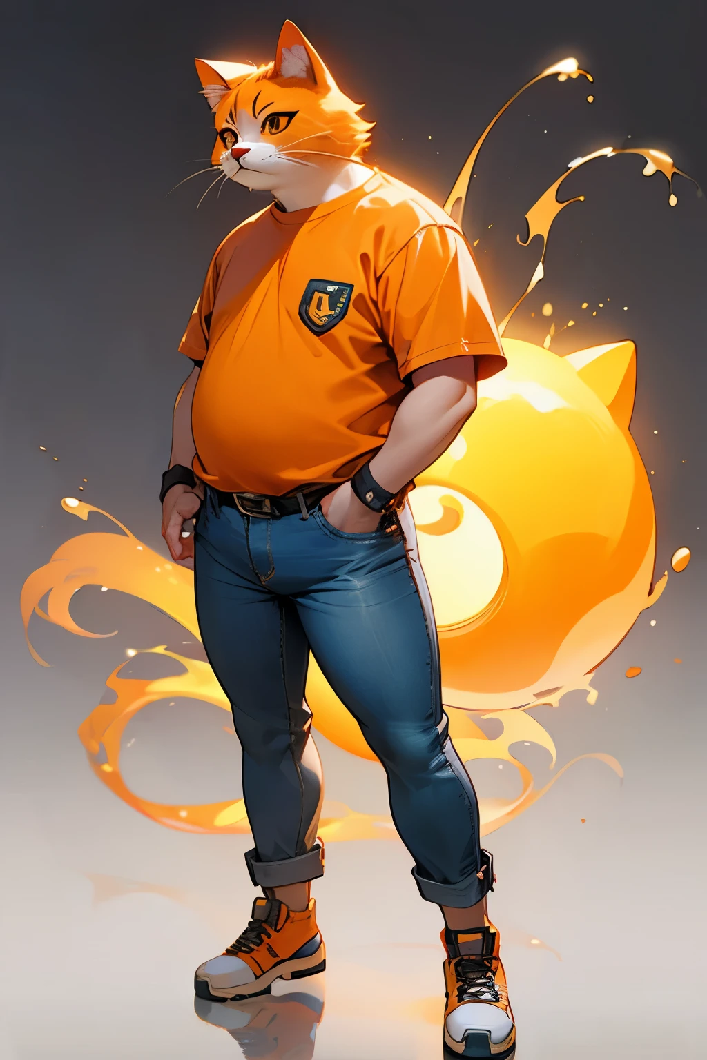 A cute fat orange cat,Anthropomorphic image,Wear short sleeves with an open belly button,leaking round belly,The lower half of the body is wearing jeans,He frowned,One hand stroking the belly,3D