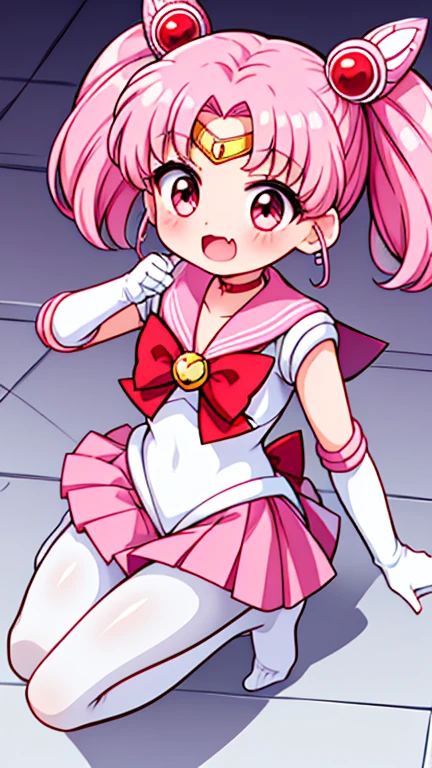 Sailor Moon,young年,Seven years old,cute,(Little Loli),Pink hair twintails,short hair,Sailor Suit,red bow,White elbow gloves,Red Skirt,no shoes,Open your mouth,laughing out loud,Fangs,(White pantyhose),soles of feet,Soles,(young),(The body is small and delicate)