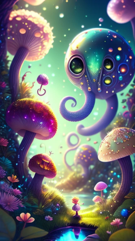 in a magical forest of lush green exotic plants and lush exotic colorful flowers, crystal clear water seeps, little creature with features of a mushroom and an octopus on top, beeple 和 jeremiah ketner, an alien mushroom with tentacles, very beautiful and cute, Delicate little eyes, and small mouth, so cute, fantasy, magic, myth, fairy tale, magical tale, detailed detailed background, Global Illumination, astronomical lighting, magical illumination, Backlight, , 3D stylized rendering, 3d rendering beeple, Highly detailed 4K digital artwork, Daily Beeple Artwork, Lindo's detailed digital artwork, Detailed 3D digital artwork, 8K high-quality detailed artwork, State-of-the-art Autodesk Maya VFX, Post-production