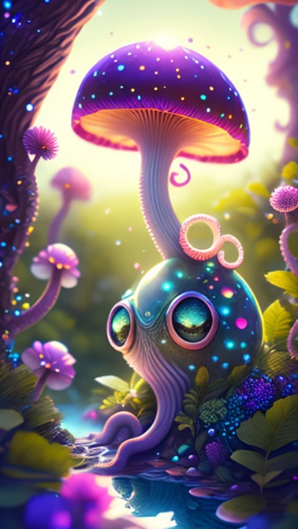 in a magical forest of lush green exotic plants and lush exotic colorful flowers, crystal clear water seeps, little creature with features of a mushroom and an octopus on top, beeple 和 jeremiah ketner, an alien mushroom with tentacles, very beautiful and cute, Delicate little eyes, and small mouth, so cute, fantasy, magic, myth, fairy tale, magical tale, detailed detailed background, Global Illumination, astronomical lighting, magical illumination, Backlight, , 3D stylized rendering, 3d rendering beeple, Highly detailed 4K digital artwork, Daily Beeple Artwork, Lindo's detailed digital artwork, Detailed 3D digital artwork, 8K high-quality detailed artwork, State-of-the-art Autodesk Maya VFX, Post-production