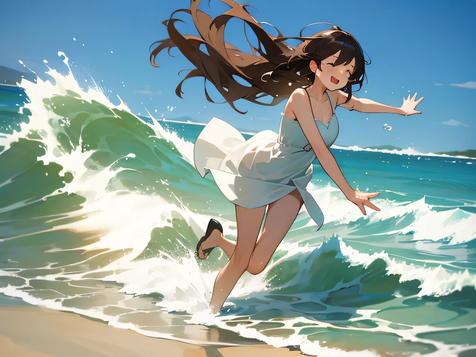 Anime girl running on the beach with her arms outstretched - SeaArt AI