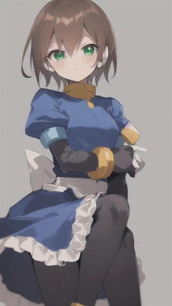 Aile_MegamanZX, 1girl, Looking at viewer, simple background, Brown hair, ,green eyes, Dressed as a maid