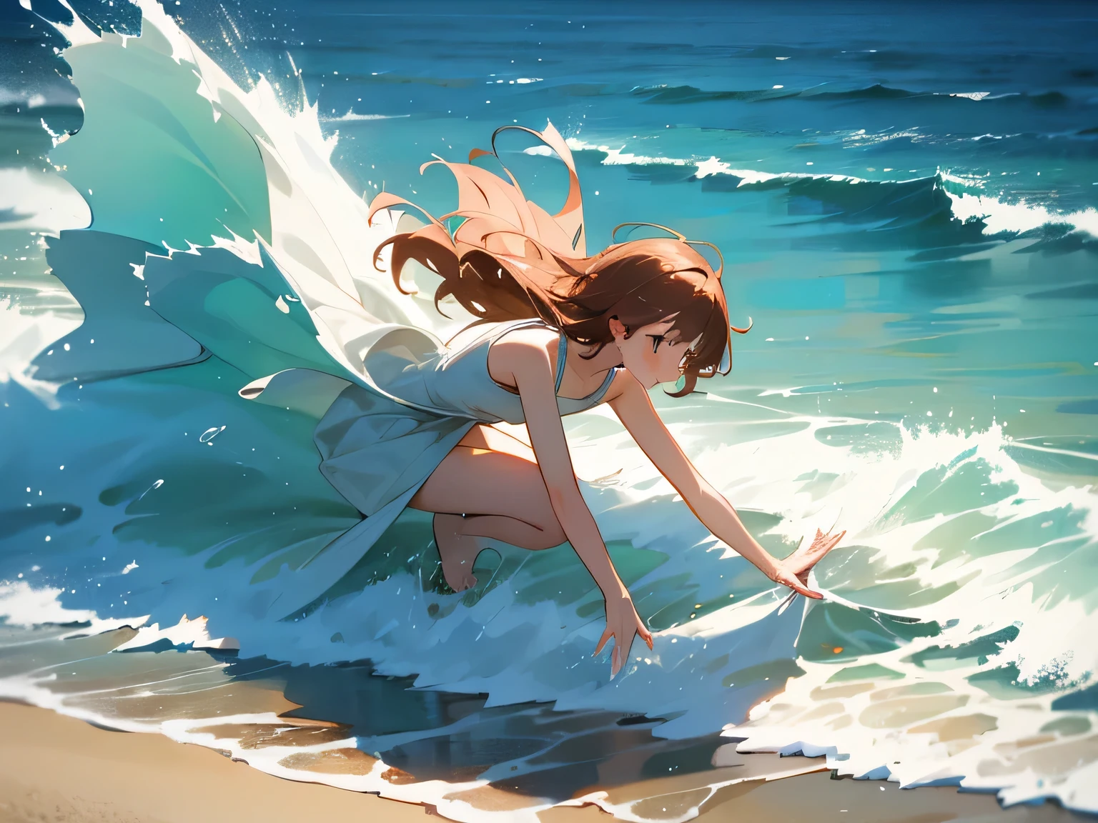 Beautiful sandy beach、A woman is splashing with waves