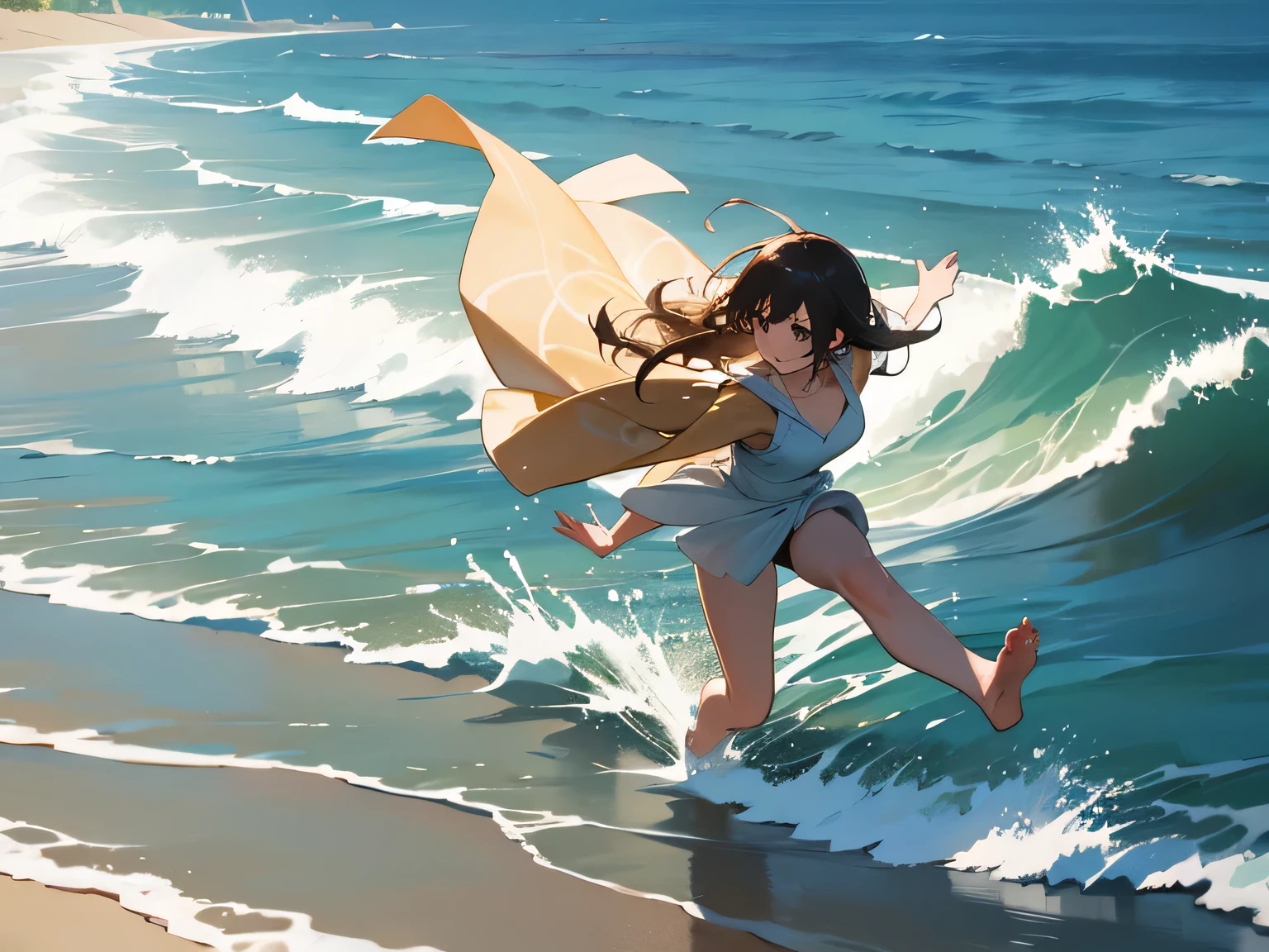 Beautiful sandy beach、A woman is splashing with waves