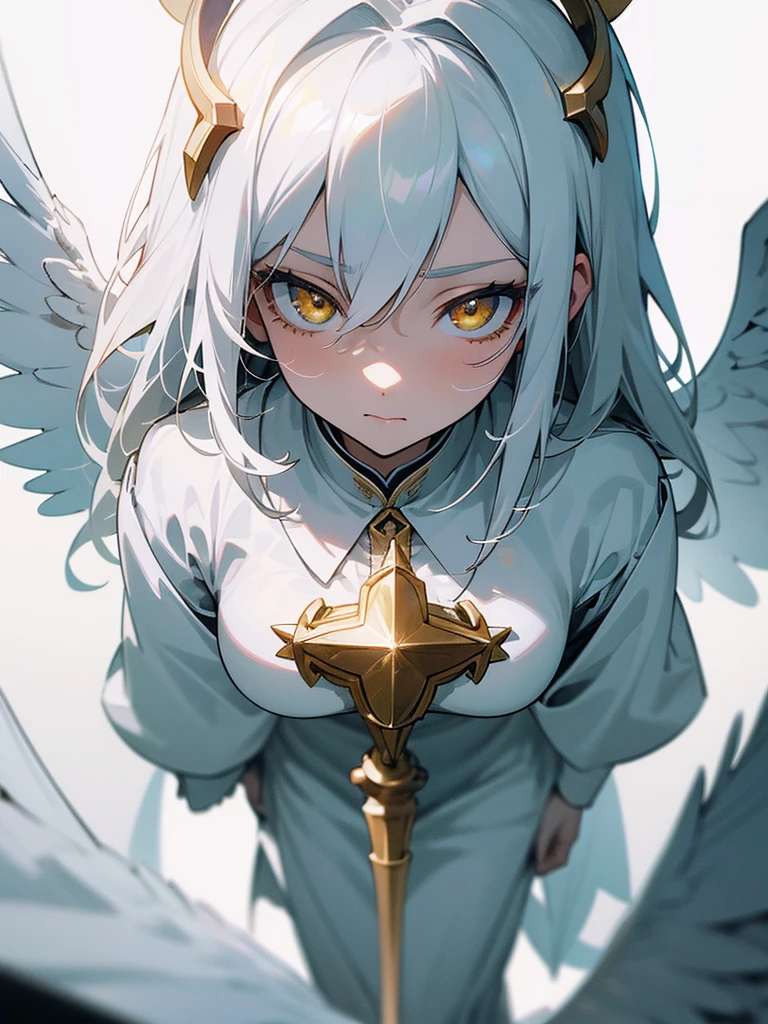 1girl, white hair, yellow eyes, archangel, white dress, halo, divine light, holy aura, heaven, heavenly background, secretary, calm expression, sacrosanct, godly presence, masterpiece, ultra detailed, beautiful face, detailed eyes, dramatic lighting,