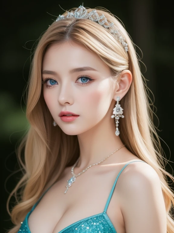 A woman of beauty in a fantastic space, 98k, {{Masterpiece}}, Best quality, High quality:1.4)，{{[[front look}}, eye_contact, a variety of poses)]], very pretty look face, and very pretty eyes, cute images, cute images, {{A half body}}, {{{{{{{{Long legs}}}}}}}}, {{{{slim sexy body}}}}, {{{{{{Tall woman}}}}}}, {{177 cm tall}}, Solo, Beautiful, Lovely, Adorable, Pale skin, look beautiful German girl and blue eyes or green eyes with platinum golden hair color), Nordic German young girl, {{{{{{{{{{half girl}}}}}}}}}}, {{{{{{{{{{High_Heels}}}}}}}}}}, Wavy hair, strapless Cinderella dress, earrings, princess, cleavages, necklace, large breasts, large lips, makeup, blush, castle hall, thick black eyebrows, tiara